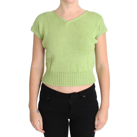 PINK MEMORIES Lime Green Knit Short Sleeve VNeck Top Women Green Sweaters - Picture 1 of 6